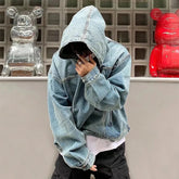 Threebooy Mens Autumn Winter Fashion Denim Washed Distressed Retro Hoodie Genderless Street Fashion Casual Loose Denim Sweatshirt Unisex